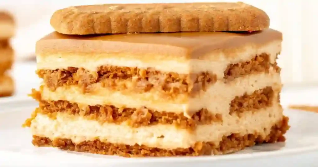 A close-up of a rectangular Biscoff icebox cake with visible layers of speculoos cookies and light tan whipped cream. The top is covered in a smooth layer of melted Biscoff cookie butter spread and finished with a border of whipped cream swirls and crushed cookie crumbs. A small slice has been removed to show the internal layering.