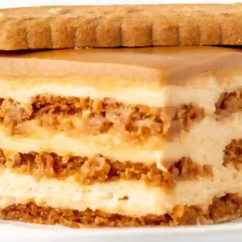 A close-up of a rectangular Biscoff icebox cake with visible layers of speculoos cookies and light tan whipped cream. The top is covered in a smooth layer of melted Biscoff cookie butter spread and finished with a border of whipped cream swirls and crushed cookie crumbs. A small slice has been removed to show the internal layering.