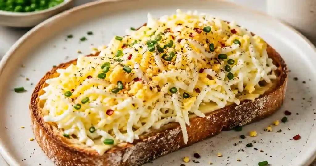 A close-up shot of a thick slice of toasted sourdough bread topped with a mountain of finely grated hard-boiled egg. The dish is garnished with fresh chopped chives, red pepper flakes, and black pepper.