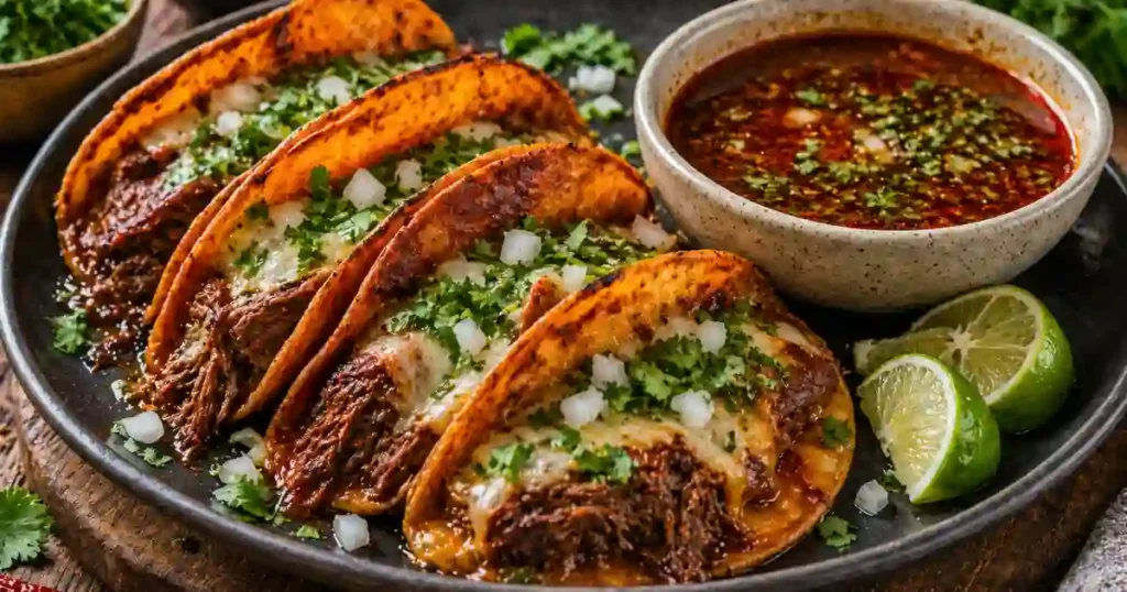 A plate of four crispy, golden-brown birria tacos filled with tender shredded beef, melted cheese, fresh cilantro, and diced white onions. Beside the tacos is a bowl of rich, red birria consommé topped with herbs, and fresh lime wedges on the side.