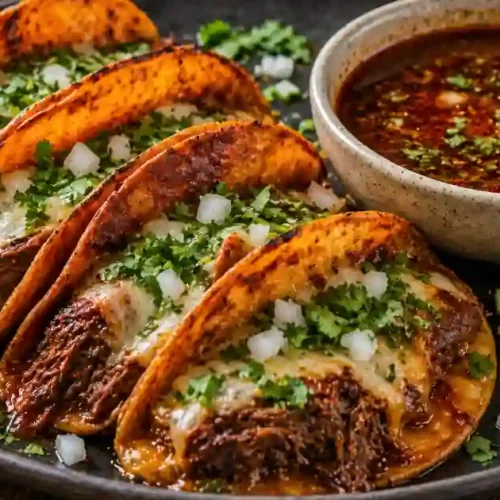 A plate of four crispy, golden-brown birria tacos filled with tender shredded beef, melted cheese, fresh cilantro, and diced white onions. Beside the tacos is a bowl of rich, red birria consommé topped with herbs, and fresh lime wedges on the side.