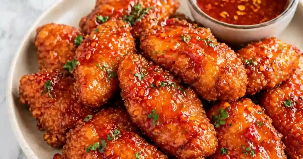 A close-up of several pieces of extra-crispy fried chicken coated in a shiny, golden-red hot honey glaze. The chicken is served in a dark skillet and garnished with fresh sliced red chilies and chopped green parsley. The texture of the craggy, breaded skin is highly visible under the translucent sauce.