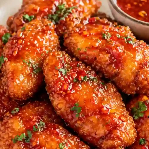 A close-up of several pieces of extra-crispy fried chicken coated in a shiny, golden-red hot honey glaze. The chicken is served in a dark skillet and garnished with fresh sliced red chilies and chopped green parsley. The texture of the craggy, breaded skin is highly visible under the translucent sauce.
