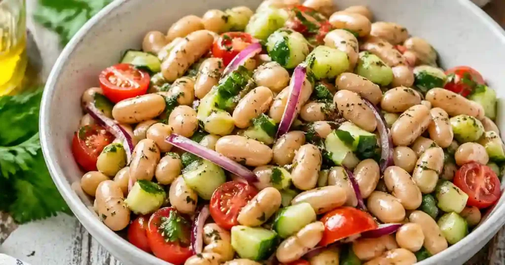 A close-up overhead view of a large white bowl filled with a colorful bean salad. The dish features plump white cannellini beans mixed with halved cherry tomatoes, diced cucumbers, and thinly sliced red onions. The salad is tossed in a herb-flecked dressing and garnished with fresh parsley.