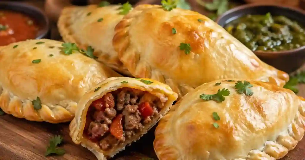 A close-up of several golden-brown, baked empanadas with crimped edges on a wooden board. One empanada is cut open to reveal a steaming filling of seasoned ground beef and red bell peppers. The pastries are garnished with fresh cilantro, with small bowls of red salsa and green chimichurri sauce in the background.