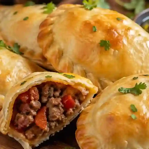 A close-up of several golden-brown, baked empanadas with crimped edges on a wooden board. One empanada is cut open to reveal a steaming filling of seasoned ground beef and red bell peppers. The pastries are garnished with fresh cilantro, with small bowls of red salsa and green chimichurri sauce in the background.