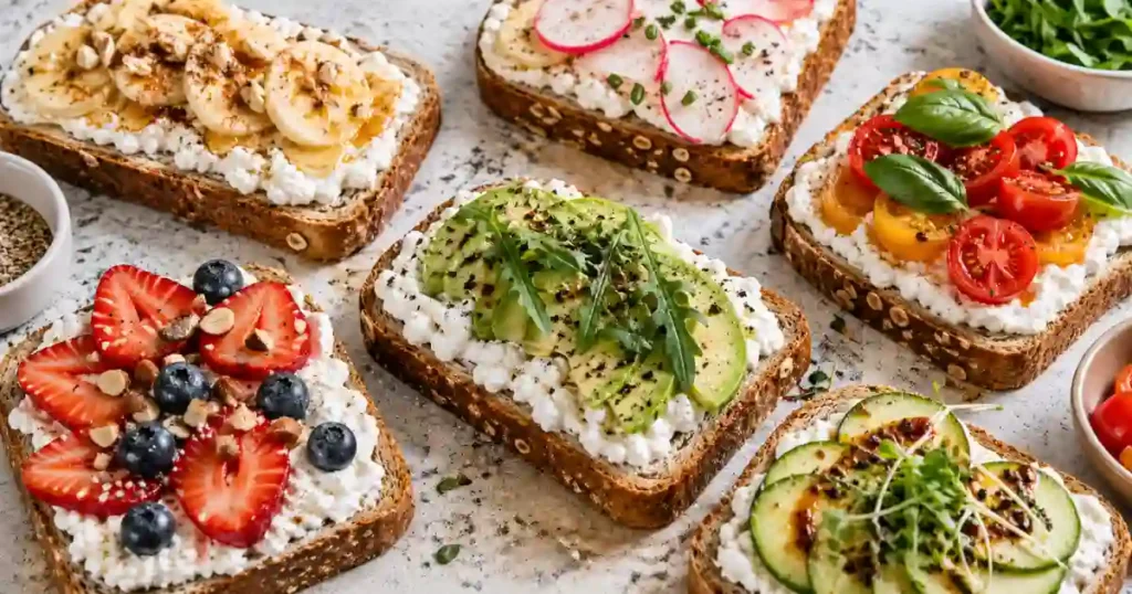 An overhead shot of six slices of toasted multi-grain bread, each spread with a thick layer of creamy cottage cheese and topped with different ingredients. Variations include sliced strawberries and blueberries; banana with honey and walnuts; avocado with arugula; tomatoes with fresh basil; sliced radishes with chives; and cucumber with microgreens.