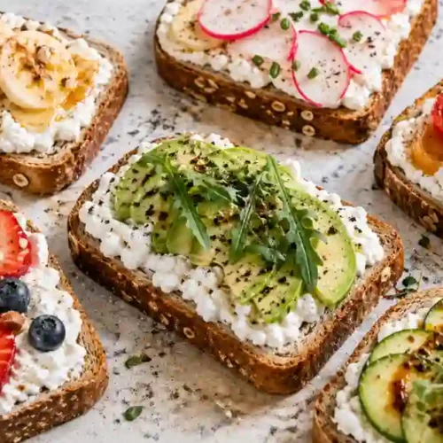 An overhead shot of six slices of toasted multi-grain bread, each spread with a thick layer of creamy cottage cheese and topped with different ingredients. Variations include sliced strawberries and blueberries; banana with honey and walnuts; avocado with arugula; tomatoes with fresh basil; sliced radishes with chives; and cucumber with microgreens.