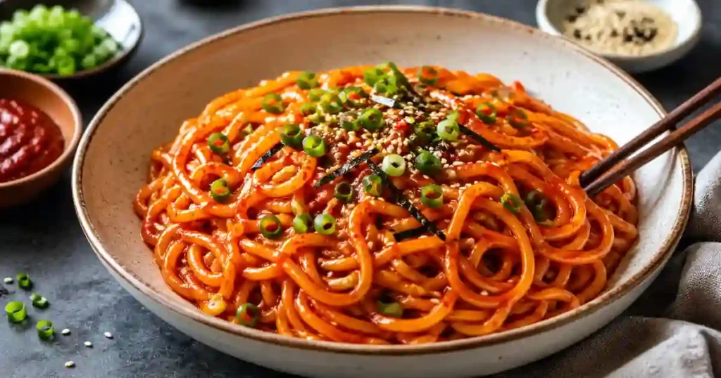 A close-up shot of a large bowl filled with thick, chewy noodles coated in a vibrant, glossy red Gochujang sauce. The noodles are garnished with sliced green onions, sesame seeds, and small strips of dried seaweed. A pair of wooden chopsticks is lifting a portion of the noodles, with small bowls of extra sauce and garnish visible in the background.