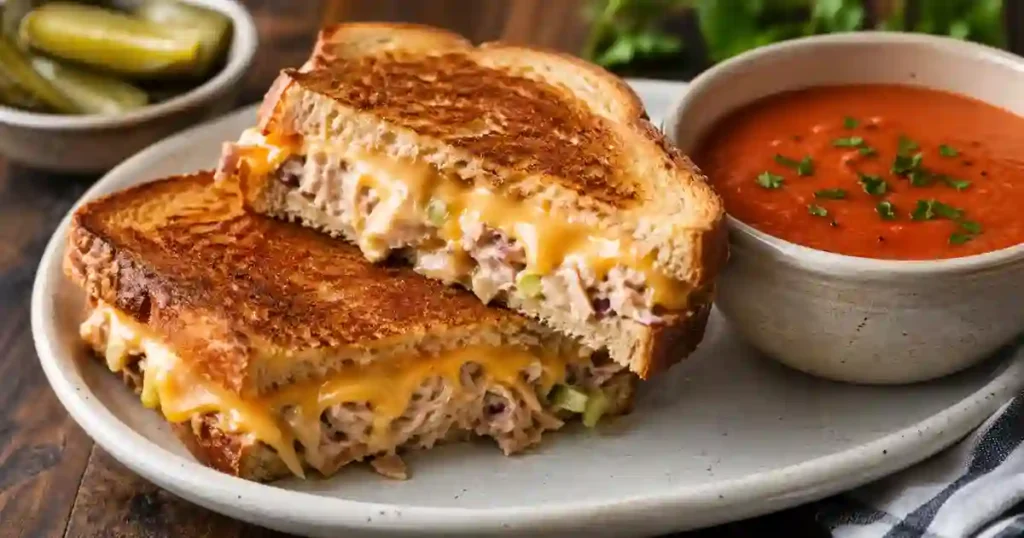 A close-up cross-section of a grilled tuna melt sandwich on thick-cut toasted bread. The sandwich features melted cheddar cheese oozing over a creamy tuna salad filling containing bits of celery and red onion. It is served on a white plate with a side bowl of smooth tomato soup garnished with parsley and a small dish of pickles in the background.