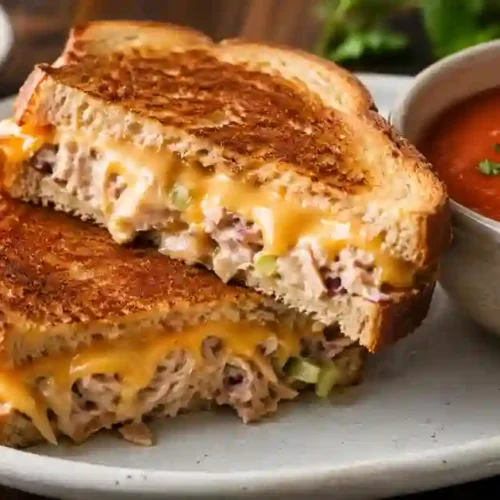 A close-up cross-section of a grilled tuna melt sandwich on thick-cut toasted bread. The sandwich features melted cheddar cheese oozing over a creamy tuna salad filling containing bits of celery and red onion. It is served on a white plate with a side bowl of smooth tomato soup garnished with parsley and a small dish of pickles in the background.