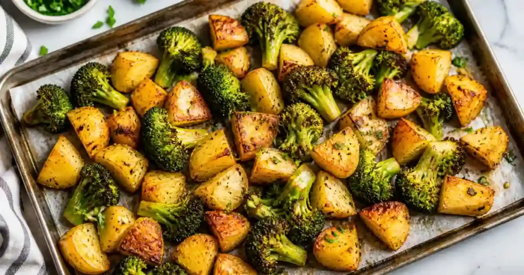 A top-down view of a well-worn metal sheet pan lined with parchment paper, filled with roasted golden-brown potato wedges and charred broccoli florets. The vegetables are seasoned with herbs and black pepper, appearing crispy and evenly cooked. A striped kitchen towel and a small bowl of fresh herbs are visible at the edge of the frame.