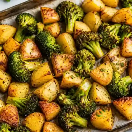 A top-down view of a well-worn metal sheet pan lined with parchment paper, filled with roasted golden-brown potato wedges and charred broccoli florets. The vegetables are seasoned with herbs and black pepper, appearing crispy and evenly cooked. A striped kitchen towel and a small bowl of fresh herbs are visible at the edge of the frame.