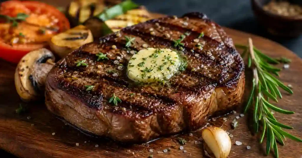 A thick, juicy grilled steak resting on a dark wooden cutting board. The steak features deep, charred grill marks and is topped with a melting disc of herb-infused compound butter and fresh thyme leaves. It is surrounded by roasted garlic cloves, a sprig of fresh rosemary, grilled mushrooms, and a roasted tomato. Coarse sea salt is scattered across the board.