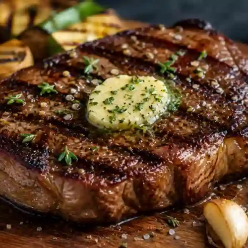 A thick, juicy grilled steak resting on a dark wooden cutting board. The steak features deep, charred grill marks and is topped with a melting disc of herb-infused compound butter and fresh thyme leaves. It is surrounded by roasted garlic cloves, a sprig of fresh rosemary, grilled mushrooms, and a roasted tomato. Coarse sea salt is scattered across the board.