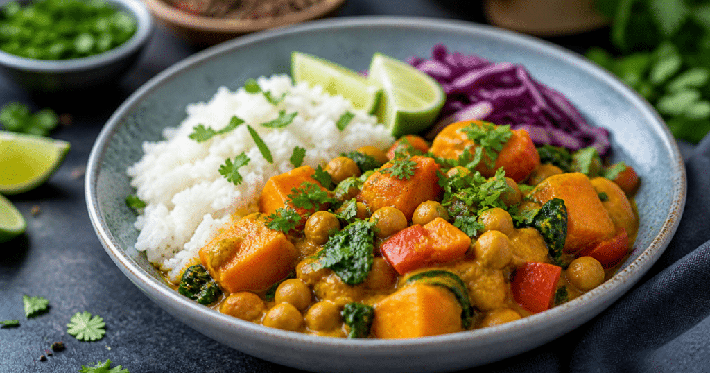 A close-up shot of a ceramic bowl filled with Caribbean-style curry featuring chickpeas, chunks of sweet potato, red bell peppers, and spinach in a golden coconut milk sauce. The bowl is served with a side of fluffy white rice, pickled red cabbage, and lime wedges, all garnished with fresh cilantro.