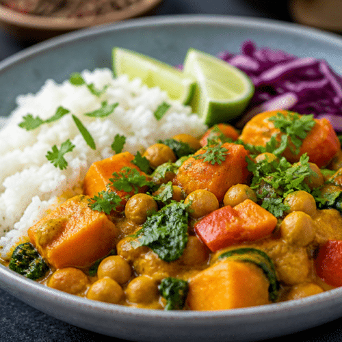 A close-up shot of a ceramic bowl filled with Caribbean-style curry featuring chickpeas, chunks of sweet potato, red bell peppers, and spinach in a golden coconut milk sauce. The bowl is served with a side of fluffy white rice, pickled red cabbage, and lime wedges, all garnished with fresh cilantro.