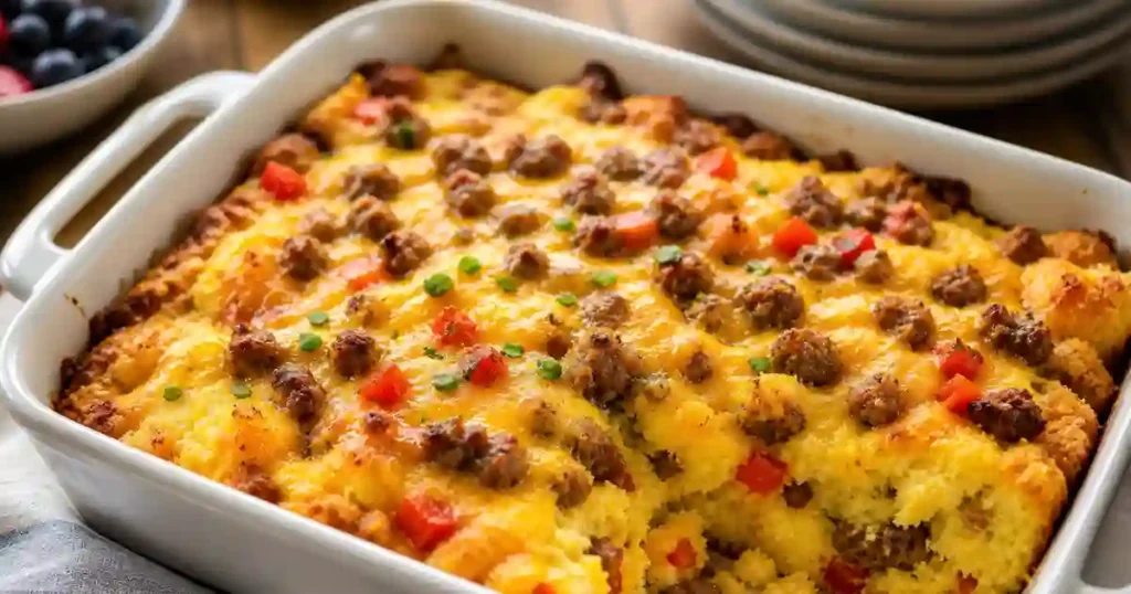 A close-up shot of a white rectangular baking dish filled with a golden-brown cornbread breakfast casserole. The casserole features a base of fluffy cornbread topped with browned breakfast sausage crumbles, melted cheddar cheese, diced red bell peppers, and a sprinkle of fresh green onions. A portion has been scooped out, revealing the moist, cake-like texture inside.