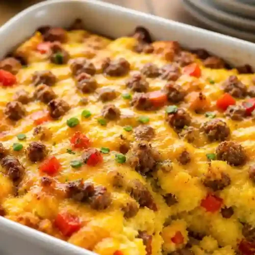 A close-up shot of a white rectangular baking dish filled with a golden-brown cornbread breakfast casserole. The casserole features a base of fluffy cornbread topped with browned breakfast sausage crumbles, melted cheddar cheese, diced red bell peppers, and a sprinkle of fresh green onions. A portion has been scooped out, revealing the moist, cake-like texture inside.