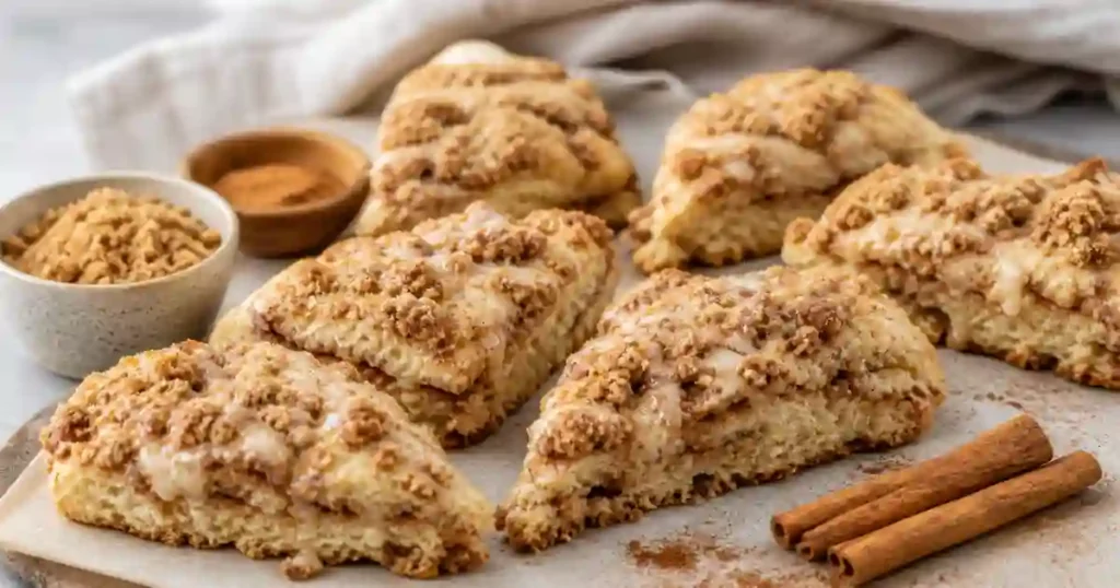 A close-up shot of several triangular cinnamon scones arranged on a piece of parchment paper. The scones are topped with a thick, golden-brown cinnamon streusel crumble and drizzled with a sweet white icing glaze. Two cinnamon sticks and small bowls of brown sugar and ground cinnamon are visible in the background against a neutral, rustic backdrop.