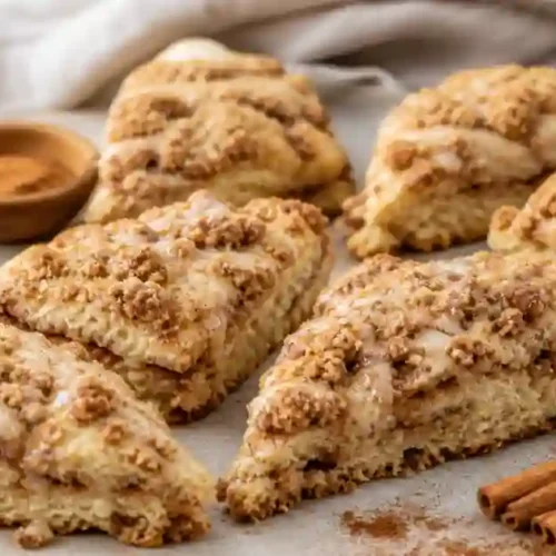A close-up shot of several triangular cinnamon scones arranged on a piece of parchment paper. The scones are topped with a thick, golden-brown cinnamon streusel crumble and drizzled with a sweet white icing glaze. Two cinnamon sticks and small bowls of brown sugar and ground cinnamon are visible in the background against a neutral, rustic backdrop.