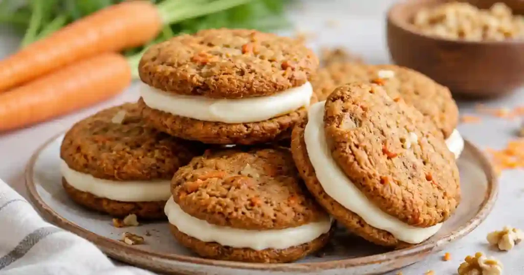 A close-up shot of a stack of carrot cake sandwich cookies on a ceramic plate. Each sandwich consists of two soft, orange-flecked spiced cookies filled with a thick layer of smooth white cream cheese frosting. Fresh carrots with green tops, a small wooden bowl of chopped walnuts, and loose walnut pieces are visible in the soft-focus background.