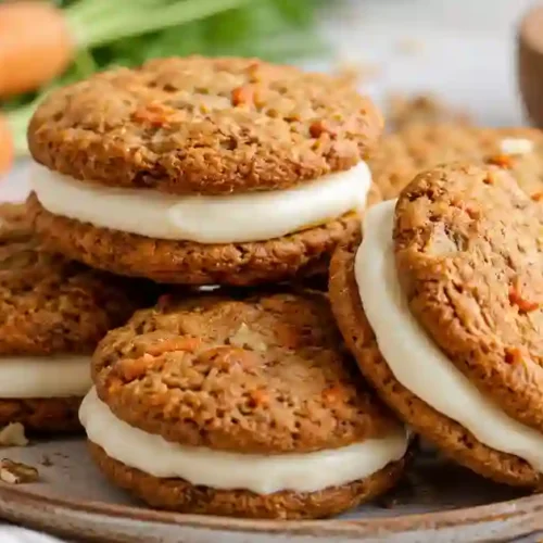 A close-up shot of a stack of carrot cake sandwich cookies on a ceramic plate. Each sandwich consists of two soft, orange-flecked spiced cookies filled with a thick layer of smooth white cream cheese frosting. Fresh carrots with green tops, a small wooden bowl of chopped walnuts, and loose walnut pieces are visible in the soft-focus background.