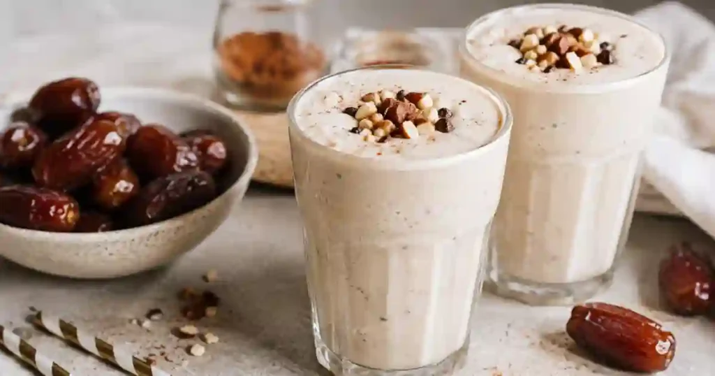 Two tall glasses of creamy, beige-colored date shakes on a neutral countertop. The shakes are topped with a cluster of chopped nuts and chocolate nibs. A bowl of whole pitted dates, a glass of cinnamon, and striped straws are visible in the background.