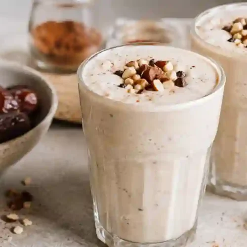 Two tall glasses of creamy, beige-colored date shakes on a neutral countertop. The shakes are topped with a cluster of chopped nuts and chocolate nibs. A bowl of whole pitted dates, a glass of cinnamon, and striped straws are visible in the background.