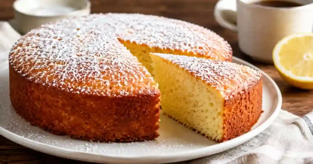 A top-down "mise en place" arrangement of ingredients for a yogurt cake on a light-colored surface. The layout includes a large glass bowl of all-purpose flour, a bowl of creamy Greek yogurt, a small pitcher of vegetable oil, and a bowl of granulated sugar. Surrounding these are three eggs, fresh lemons, vanilla extract, baking powder, and a pinch of salt. A whisk and a wooden spoon are placed nearby.