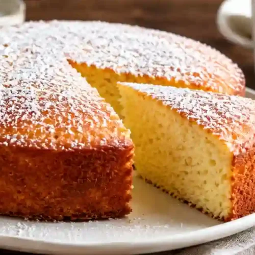A top-down "mise en place" arrangement of ingredients for a yogurt cake on a light-colored surface. The layout includes a large glass bowl of all-purpose flour, a bowl of creamy Greek yogurt, a small pitcher of vegetable oil, and a bowl of granulated sugar. Surrounding these are three eggs, fresh lemons, vanilla extract, baking powder, and a pinch of salt. A whisk and a wooden spoon are placed nearby.