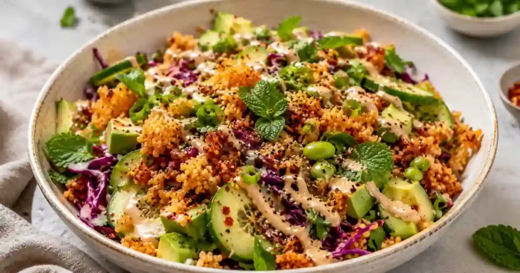 A large ceramic bowl filled with a colorful crispy rice salad. The salad features golden-brown toasted rice, sliced avocado, edamame, shredded purple cabbage, and thin cucumber slices. It is garnished with fresh mint leaves and drizzled with a thick, pale-orange spicy tahini dressing.