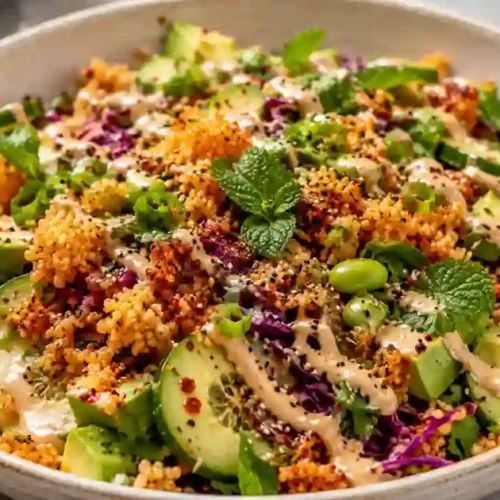 A large ceramic bowl filled with a colorful crispy rice salad. The salad features golden-brown toasted rice, sliced avocado, edamame, shredded purple cabbage, and thin cucumber slices. It is garnished with fresh mint leaves and drizzled with a thick, pale-orange spicy tahini dressing.