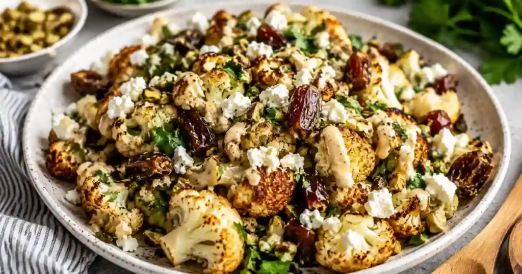 A large serving platter filled with roasted cauliflower florets, halved Medjool dates, and crumbled white feta cheese. The salad is garnished with chopped green pistachios and fresh flat-leaf parsley, then drizzled with a creamy tahini-based dressing.