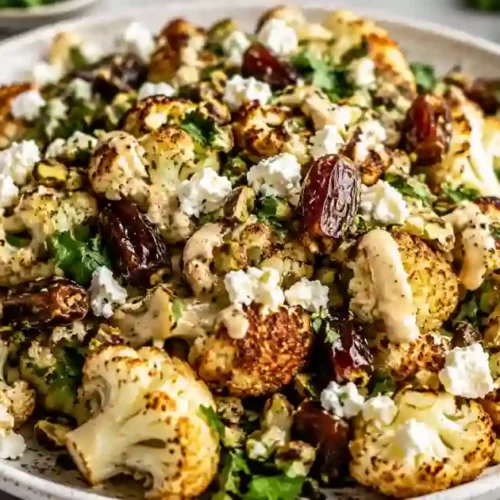 A large serving platter filled with roasted cauliflower florets, halved Medjool dates, and crumbled white feta cheese. The salad is garnished with chopped green pistachios and fresh flat-leaf parsley, then drizzled with a creamy tahini-based dressing.