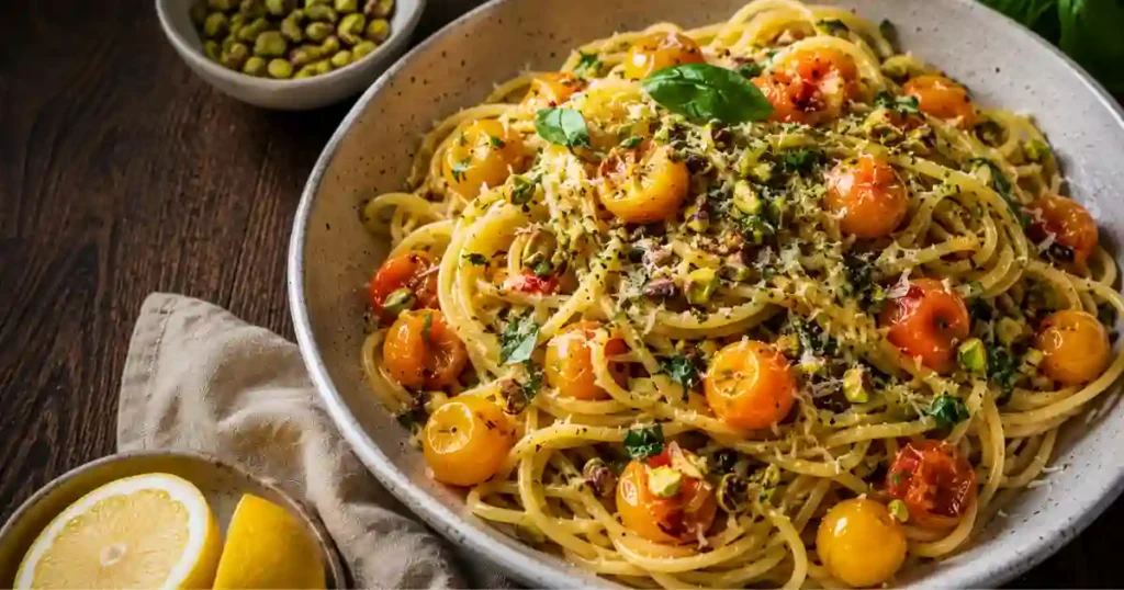 A close-up shot of a large ceramic bowl filled with spaghetti tossed in a light sauce with burst yellow Sun Gold tomatoes. The dish is garnished with chopped green pistachios, fresh basil leaves, grated Parmesan cheese, and lemon zest. A halved lemon and a small bowl of pistachios are visible on the wooden table next to the bowl.