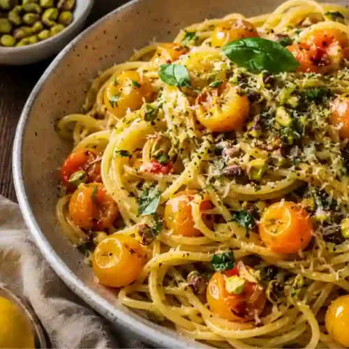 A close-up shot of a large ceramic bowl filled with spaghetti tossed in a light sauce with burst yellow Sun Gold tomatoes. The dish is garnished with chopped green pistachios, fresh basil leaves, grated Parmesan cheese, and lemon zest. A halved lemon and a small bowl of pistachios are visible on the wooden table next to the bowl.