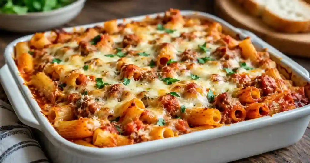 A white rectangular baking dish filled with baked rigatoni pasta mixed with a chunky tomato and sausage sauce. The dish is topped with a thick layer of melted, bubbly mozzarella and Parmesan cheese, garnished with fresh chopped parsley. In the background, a small bowl of green salad and slices of crusty bread are visible on a wooden table.