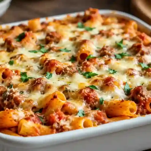 A white rectangular baking dish filled with baked rigatoni pasta mixed with a chunky tomato and sausage sauce. The dish is topped with a thick layer of melted, bubbly mozzarella and Parmesan cheese, garnished with fresh chopped parsley. In the background, a small bowl of green salad and slices of crusty bread are visible on a wooden table.