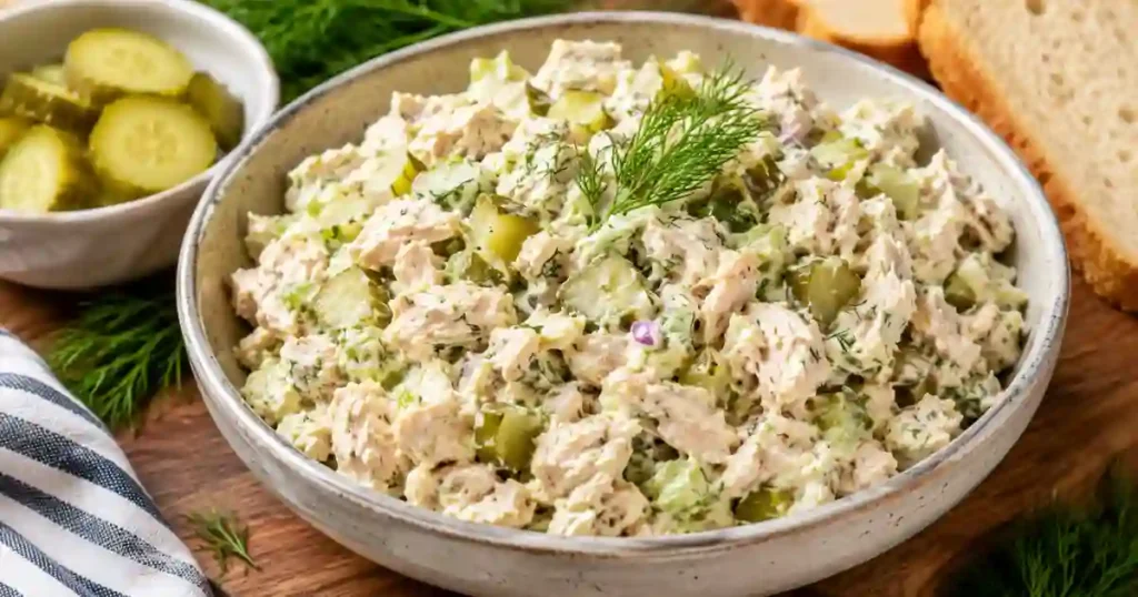 A close-up shot of a large ceramic bowl filled with creamy chicken salad. The salad features shredded chicken mixed with diced dill pickles, celery, and fresh dill. A sprig of fresh dill sits on top as a garnish. In the background, a small side bowl of pickle slices and pieces of crusty bread are visible on a wooden surface.