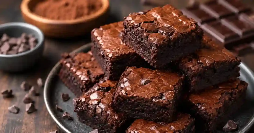 A stack of thick, fudgy flourless chocolate brownies on a dark plate. The brownies feature a shiny, crackly top with visible melted chocolate chips. In the background, a wooden bowl of cocoa powder, a small bowl of chocolate chips, and a bar of dark chocolate are arranged on a dark wooden surface.