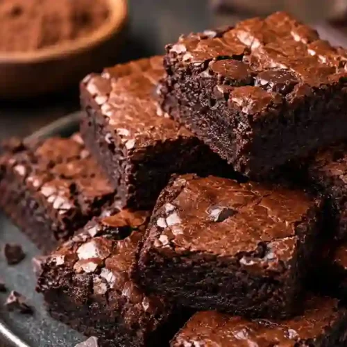 A stack of thick, fudgy flourless chocolate brownies on a dark plate. The brownies feature a shiny, crackly top with visible melted chocolate chips. In the background, a wooden bowl of cocoa powder, a small bowl of chocolate chips, and a bar of dark chocolate are arranged on a dark wooden surface.