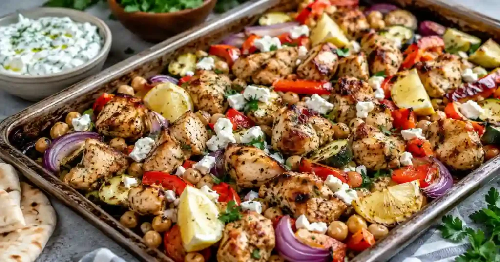 A close-up of a rustic metal sheet pan filled with roasted chicken souvlaki. The pan contains golden-browned chicken chunks, charred red bell peppers, zucchini slices, red onion wedges, and roasted chickpeas. The dish is garnished with crumbled white feta cheese, fresh parsley, and lemon wedges. A small bowl of creamy tzatziki sauce and pieces of pita bread are visible on the side.