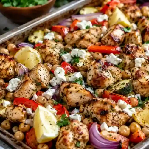 A close-up of a rustic metal sheet pan filled with roasted chicken souvlaki. The pan contains golden-browned chicken chunks, charred red bell peppers, zucchini slices, red onion wedges, and roasted chickpeas. The dish is garnished with crumbled white feta cheese, fresh parsley, and lemon wedges. A small bowl of creamy tzatziki sauce and pieces of pita bread are visible on the side.