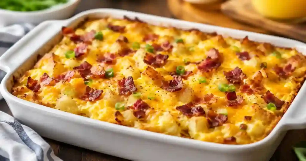 A white rectangular baking dish filled with a golden-brown breakfast casserole. The dish features visible chunks of roasted potatoes, crispy bacon bits, and scrambled eggs, all topped with a layer of melted cheddar cheese and garnished with fresh chopped chives. A serving spatula rests in the corner, showing the thick, fluffy cross-section of the bake.