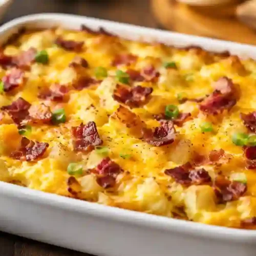 A white rectangular baking dish filled with a golden-brown breakfast casserole. The dish features visible chunks of roasted potatoes, crispy bacon bits, and scrambled eggs, all topped with a layer of melted cheddar cheese and garnished with fresh chopped chives. A serving spatula rests in the corner, showing the thick, fluffy cross-section of the bake.