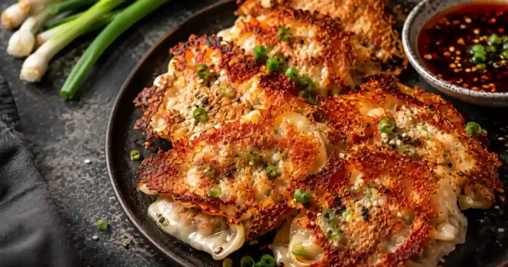 A close-up shot of several golden-brown "smash gyoza" served on a dark plate. The dumplings feature a wide, lacy, and ultra-crispy bottom crust sprinkled with sesame seeds and chopped green onions. A small ceramic bowl of dark red chili oil dipping sauce sits to the side. Fresh green onions are visible in the background on a dark, textured surface.