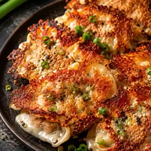 A close-up shot of several golden-brown "smash gyoza" served on a dark plate. The dumplings feature a wide, lacy, and ultra-crispy bottom crust sprinkled with sesame seeds and chopped green onions. A small ceramic bowl of dark red chili oil dipping sauce sits to the side. Fresh green onions are visible in the background on a dark, textured surface.