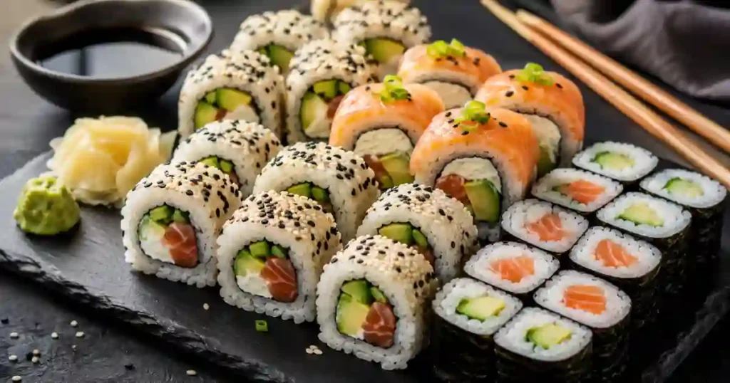 A top-down arrangement of sushi-making ingredients on a light marble surface. The center features a bowl of seasoned white sushi rice, several toasted nori seaweed sheets, and a bamboo rolling mat. Surrounding these are bowls of sliced fresh salmon, cucumber strips, avocado slices, and shredded crab sticks. Small containers hold soy sauce, pickled ginger (gari), wasabi, toasted sesame seeds, and a bowl of water for dampening fingers.