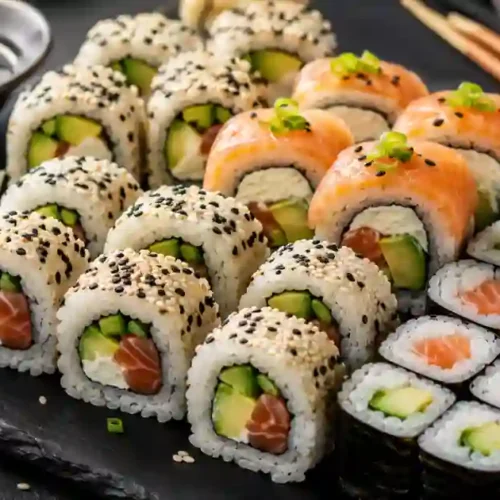 A top-down arrangement of sushi-making ingredients on a light marble surface. The center features a bowl of seasoned white sushi rice, several toasted nori seaweed sheets, and a bamboo rolling mat. Surrounding these are bowls of sliced fresh salmon, cucumber strips, avocado slices, and shredded crab sticks. Small containers hold soy sauce, pickled ginger (gari), wasabi, toasted sesame seeds, and a bowl of water for dampening fingers.